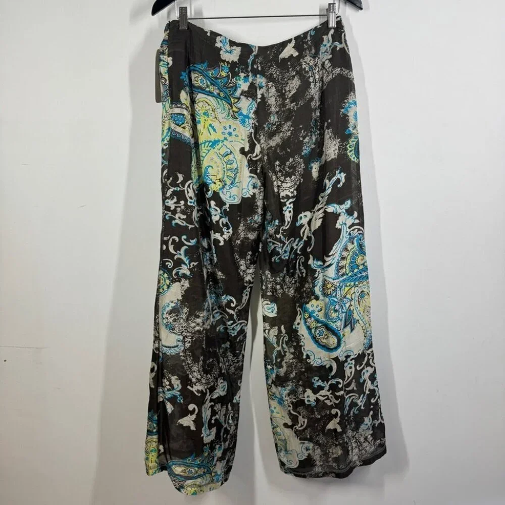 100% Silk Made in Italy Wide Leg Pants Multicolor Paisley Print Size 44  NWT